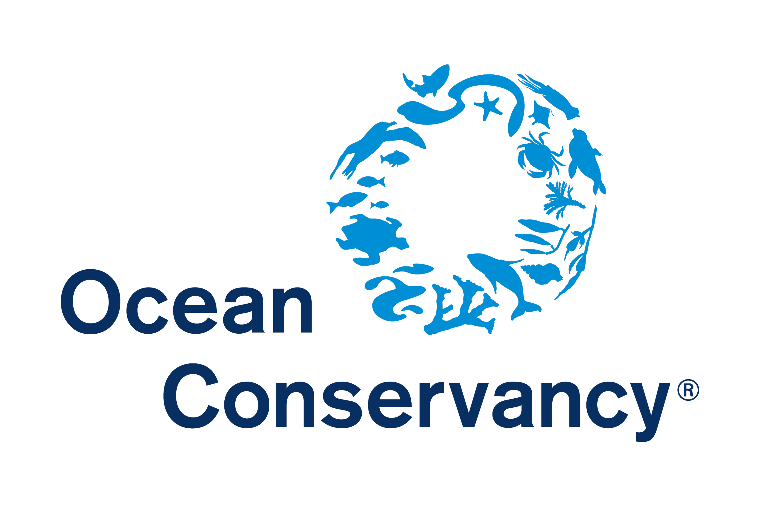 Blue logo with sea creatures swimming in a circle and dark blue text that reads: Ocean Conservancy