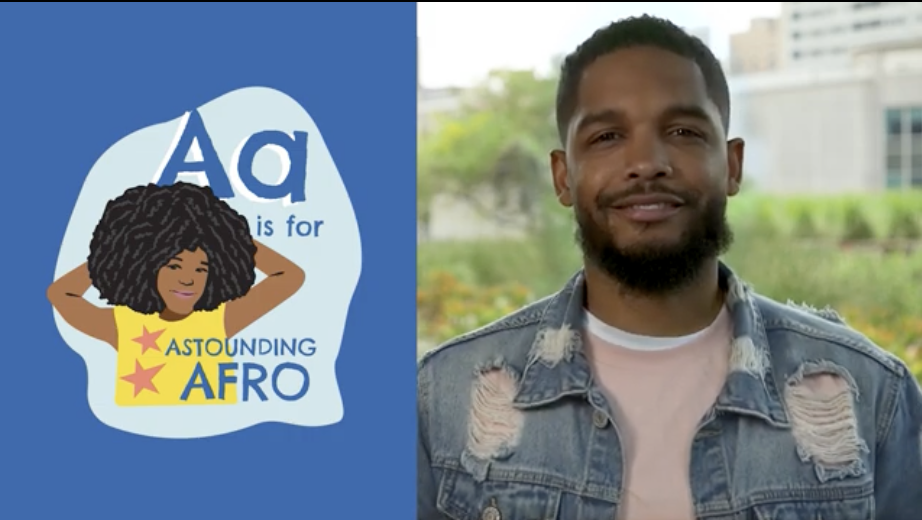 A Black man smiles in a jean jacket next to a colorful graphic of a Black woman with an afro next to text that reads: A is for Astounding Afro