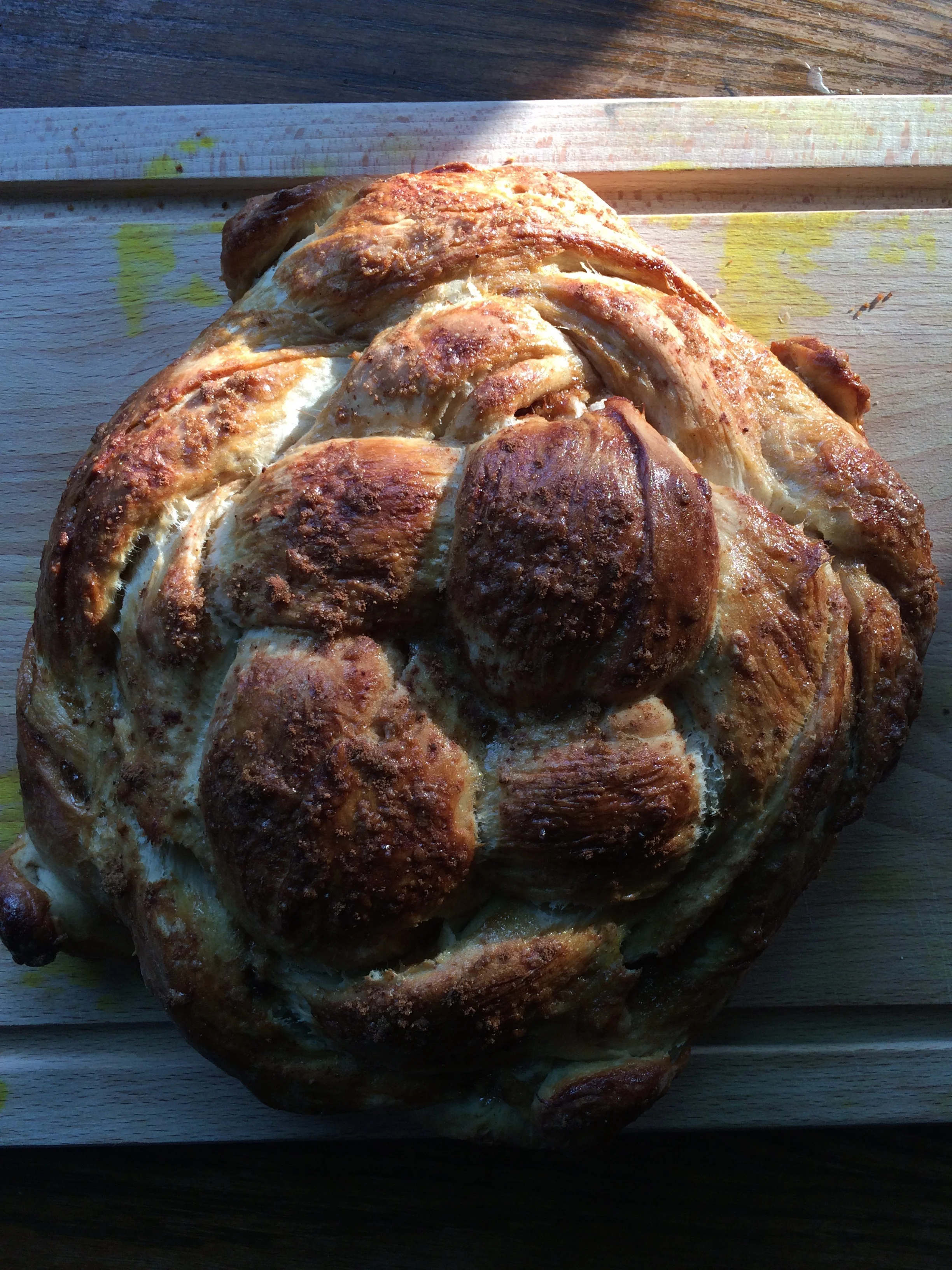 Homemade cinnamon-sugar challah ready in time for Shabbat, the Jewish day of rest.