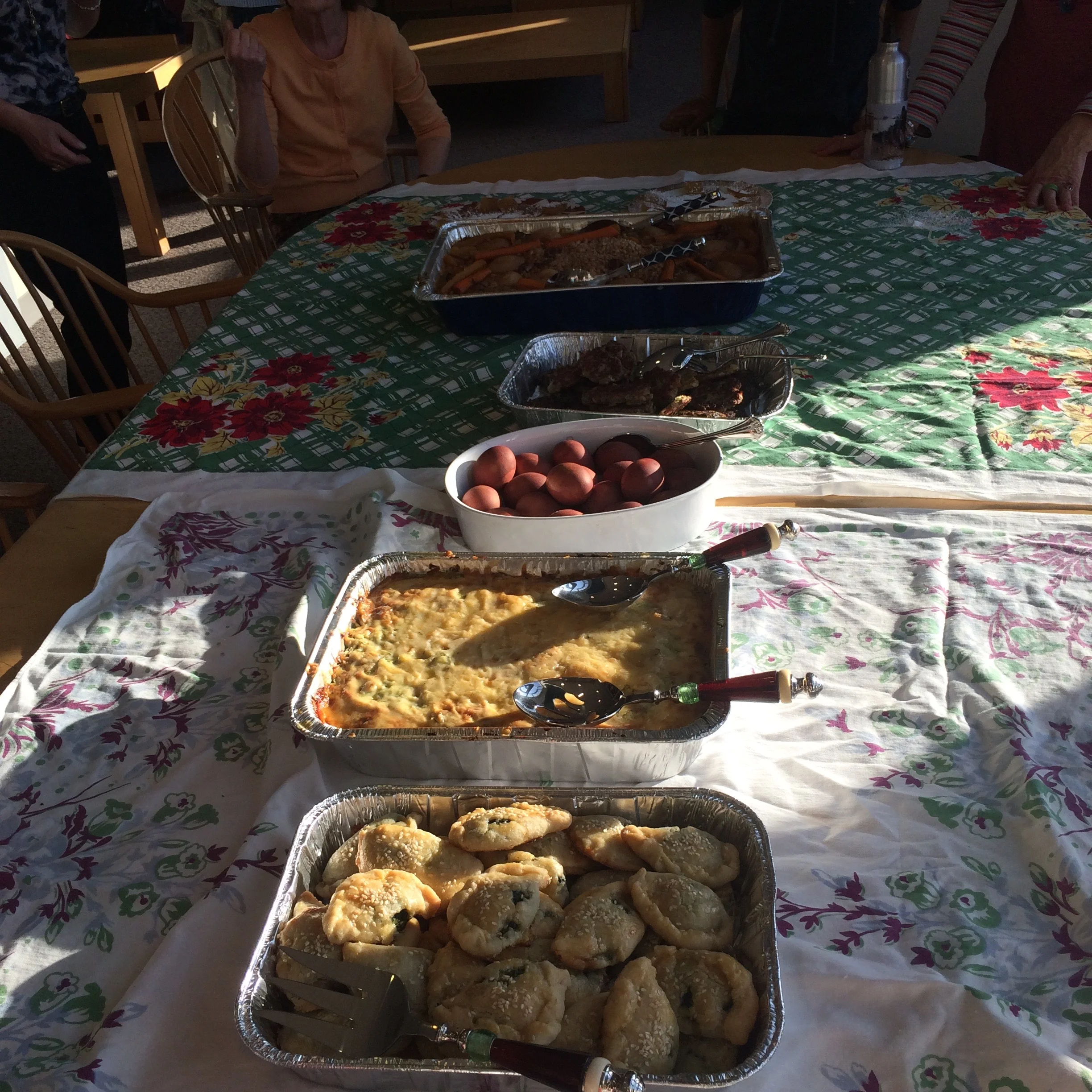 The spread of dishes that represented the chapters of my senior thesis: borekas, almodrote, huevos haminados, keftes de prasa, adafina, and dulse de mansana.