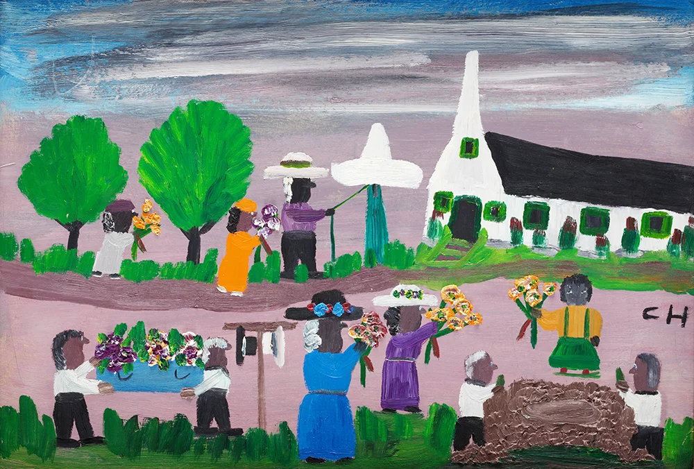 Clementine Hunter (American, 1886-1988) Funeral , 1950 Oil on board 12 1/2 x 18 inches Gift of Mrs. H. Payne Breazeale 74.3.6 Photo by David Humphreys