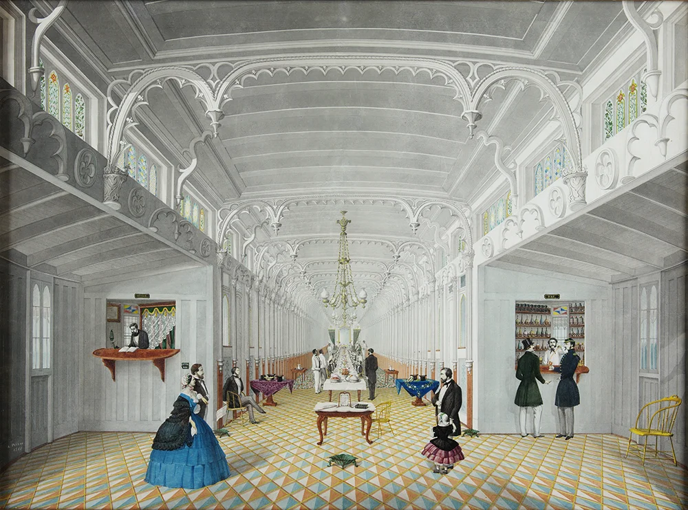 Marie Adrian Persac (Franco-American, 1823-73) Interior of the Main Cabin of the Steamboat Princess/Imperial , 1861 Gouache and collage on paper 17 x 22 15/16 inches Gift of Mrs. Mamie Persac Lusk 75.8 Photo by David Humphreys