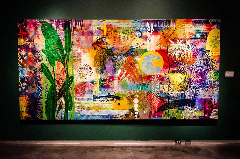 Francis X. Pavy (b. Lafayette, LA, 1954), Vengolden , 2013, Oil and block prints on canvas, courtesy of Arthur Roger Gallery.