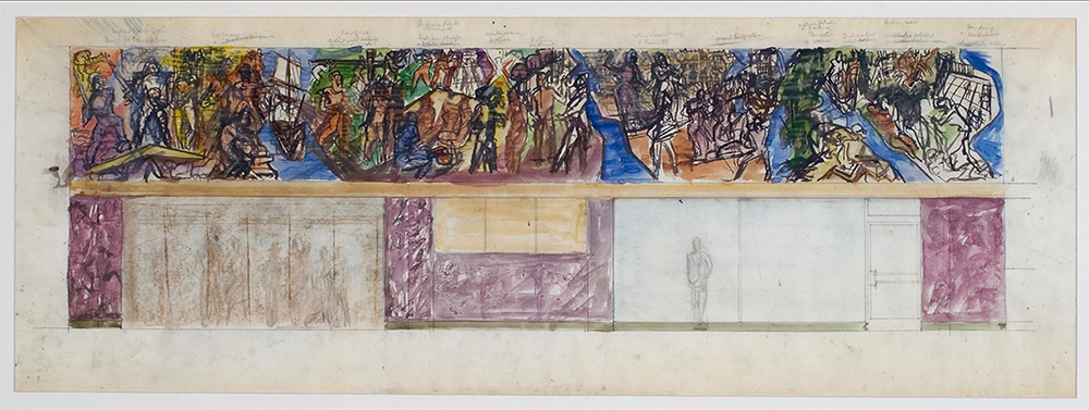 Conrad Albrizio (American), 1894–1973, New Orleans Union Passenger Terminal Mural Study—"Age of Exploration" and "Age of Colonization," c. 1954, watercolor, graphite on paper, LSUMOA 2005.2.3