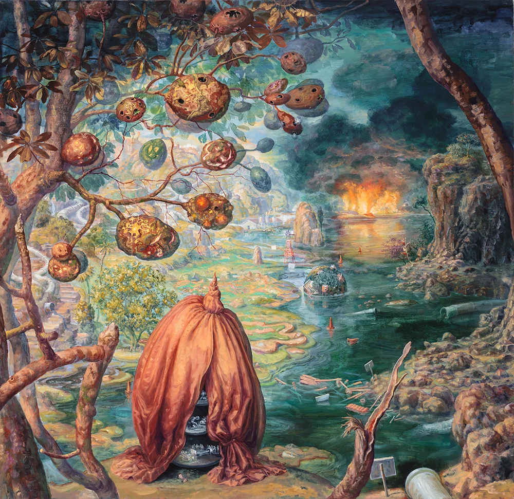 Julie Heffernan, Self Portrait as Red Tent , 2015, oil on canvas, 54x66 inches, Courtesy of P.P.O.W.