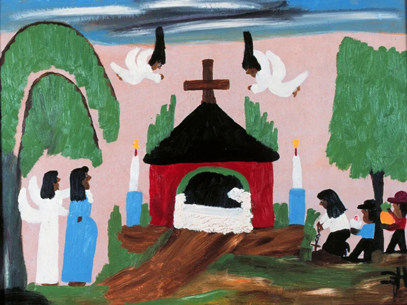 Clementine Hunter (American, 1886–1988), Mary Goin’ to the Barn , 1968, oil on pastelboard, gift of May Baynard, LSUMOA 94.25