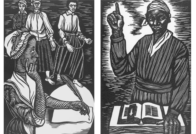 LEFT: Elizabeth Catlett, Phyllis Wheatley (from Black Woman Series), 1947, linocut, 2nd edition, 1989, From the Myrna Colley-Lee Collection. RIGHT: Elizabeth Catlett, In Sojouner Truth I fought for the rights of women as well as Negroes (from the Negro Woman series), 1946–1947, 1989 edition, linocut, From the Myrna Colley-Lee Collection.