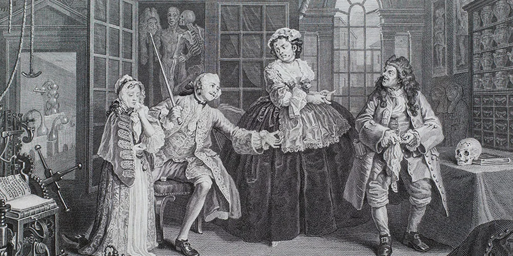 Black-and-white engraving by William Hogarth showing figures in an 18th-century interior, including a seated man, a standing woman, and others amid scientific objects and anatomical elements.