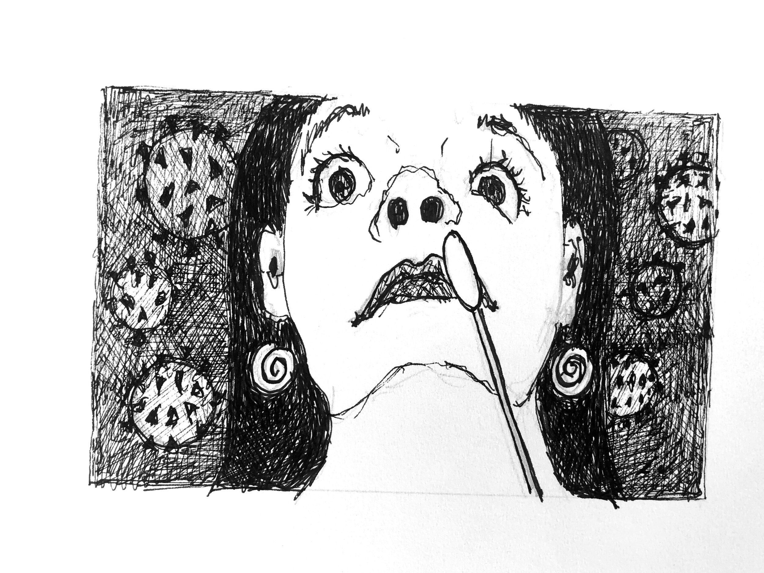 Libby Johnson, "Self Portrait with a Swab", 2020, pen and ink on paper