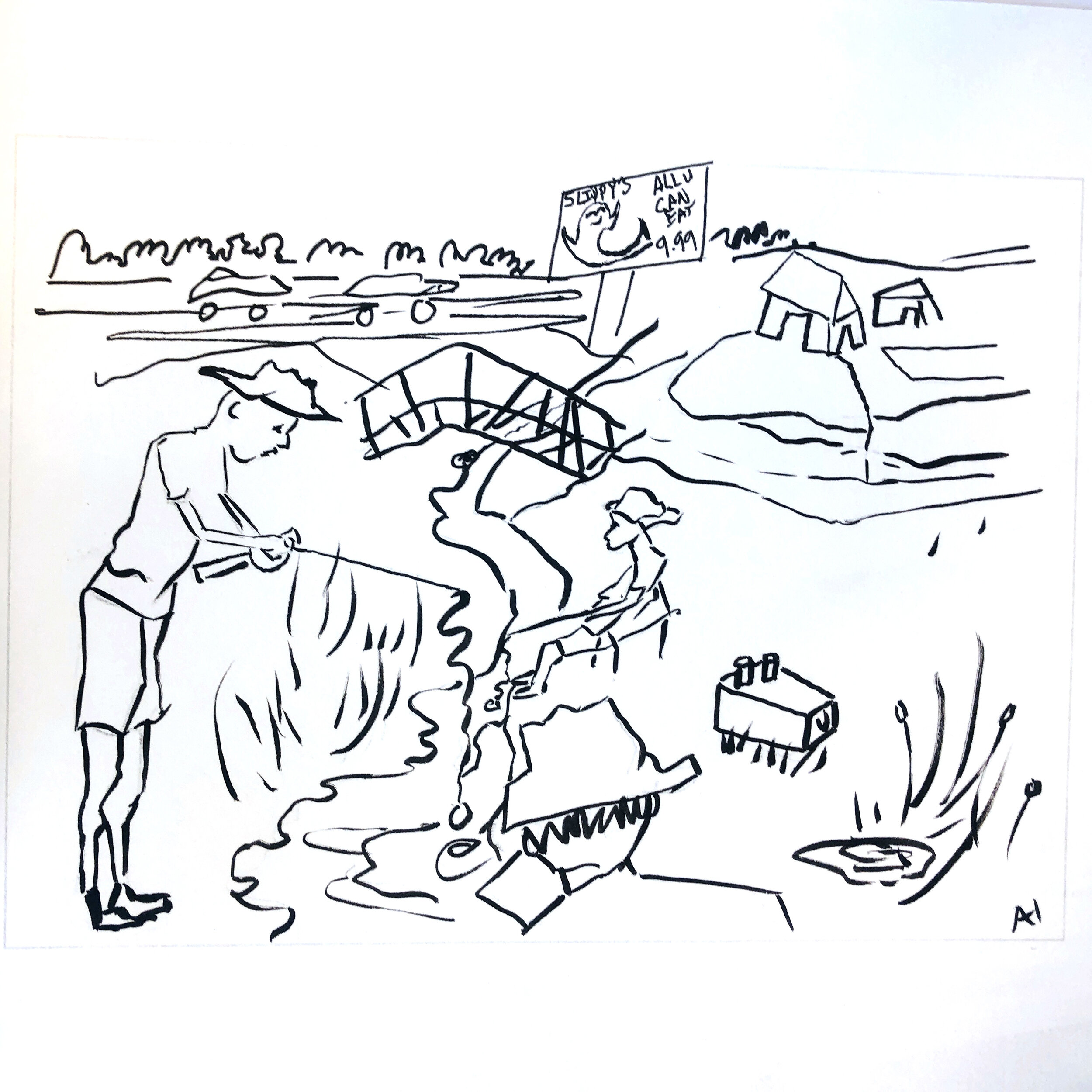 April Hammock, "Ditch Fishin’", 2020, ink on paper