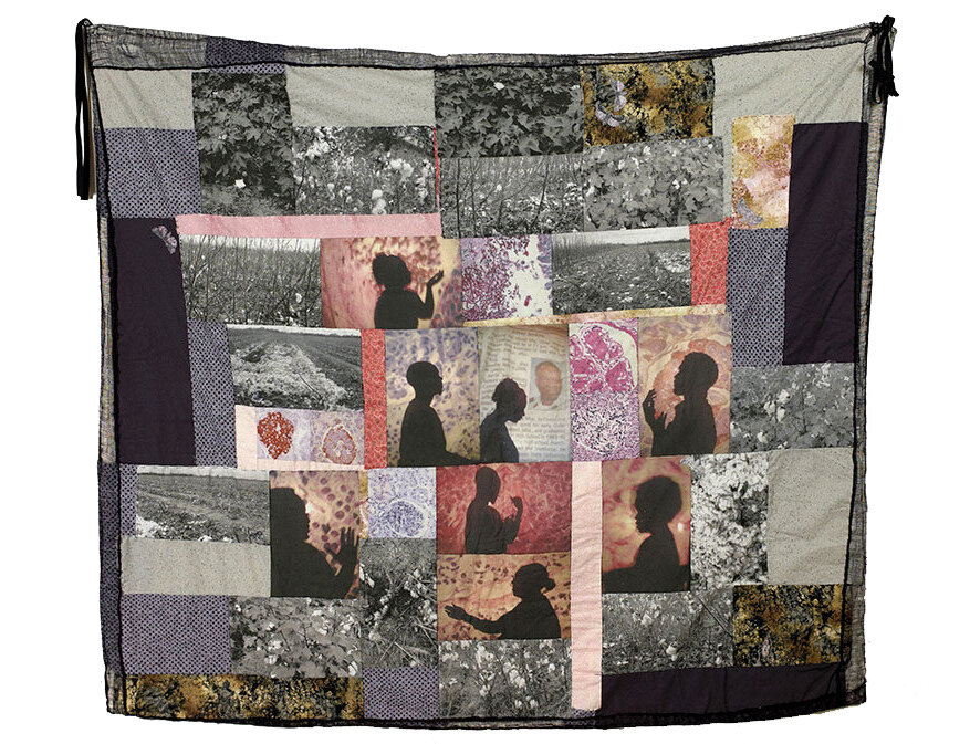 IMAGE: Letitia Huckaby, Cotton Pests and Diabetes, pigment prints sewn into patchwork quilt, 46x54", Courtesy of the Artist