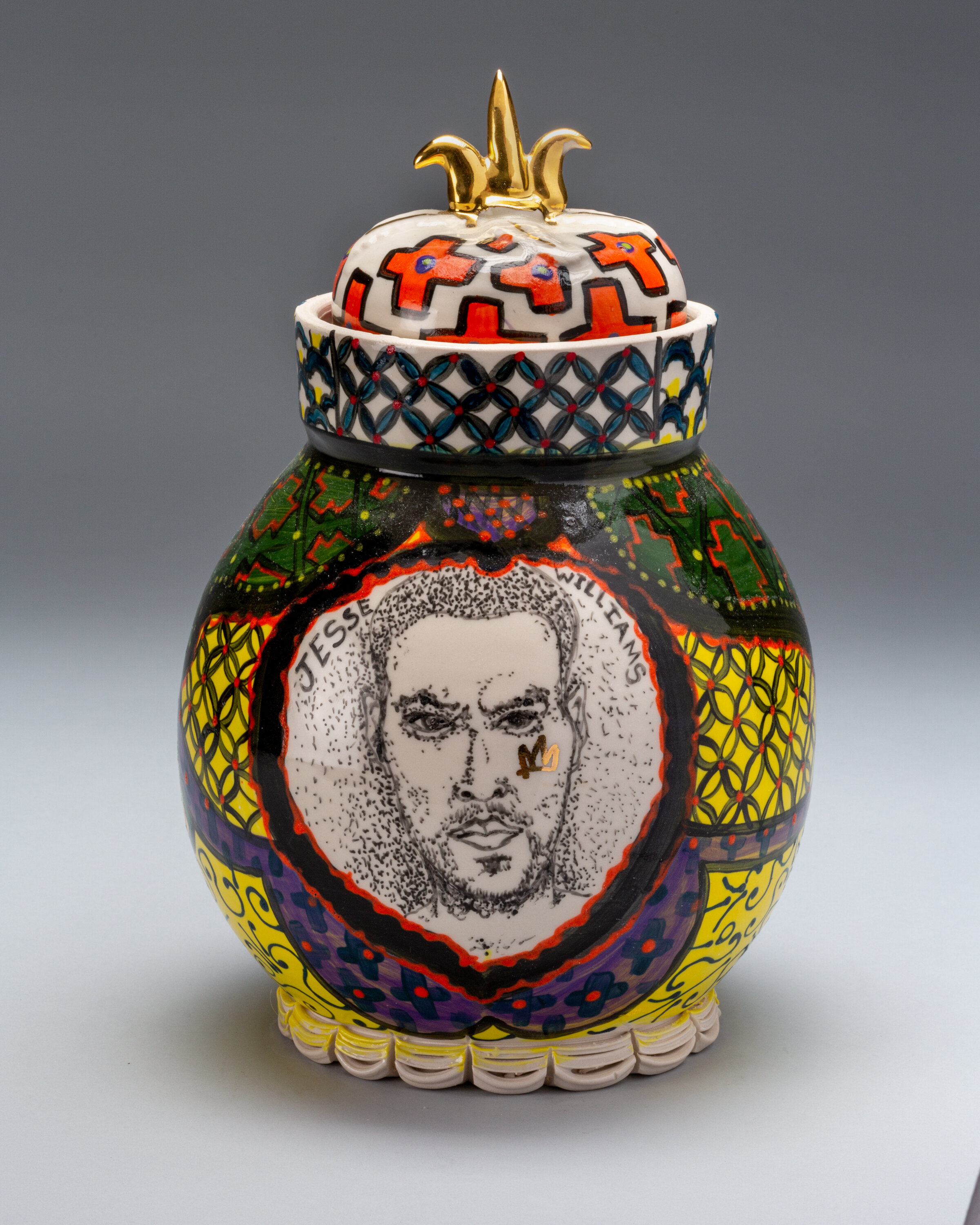   Roberto Lugo ( American, b. 1981),  Covered Jar: Theaster Gates and Jesse Williams Portraits , 2016, Porcelain, 13 x 8 ½ in., Signed on portraits, © Roberto Lugo 