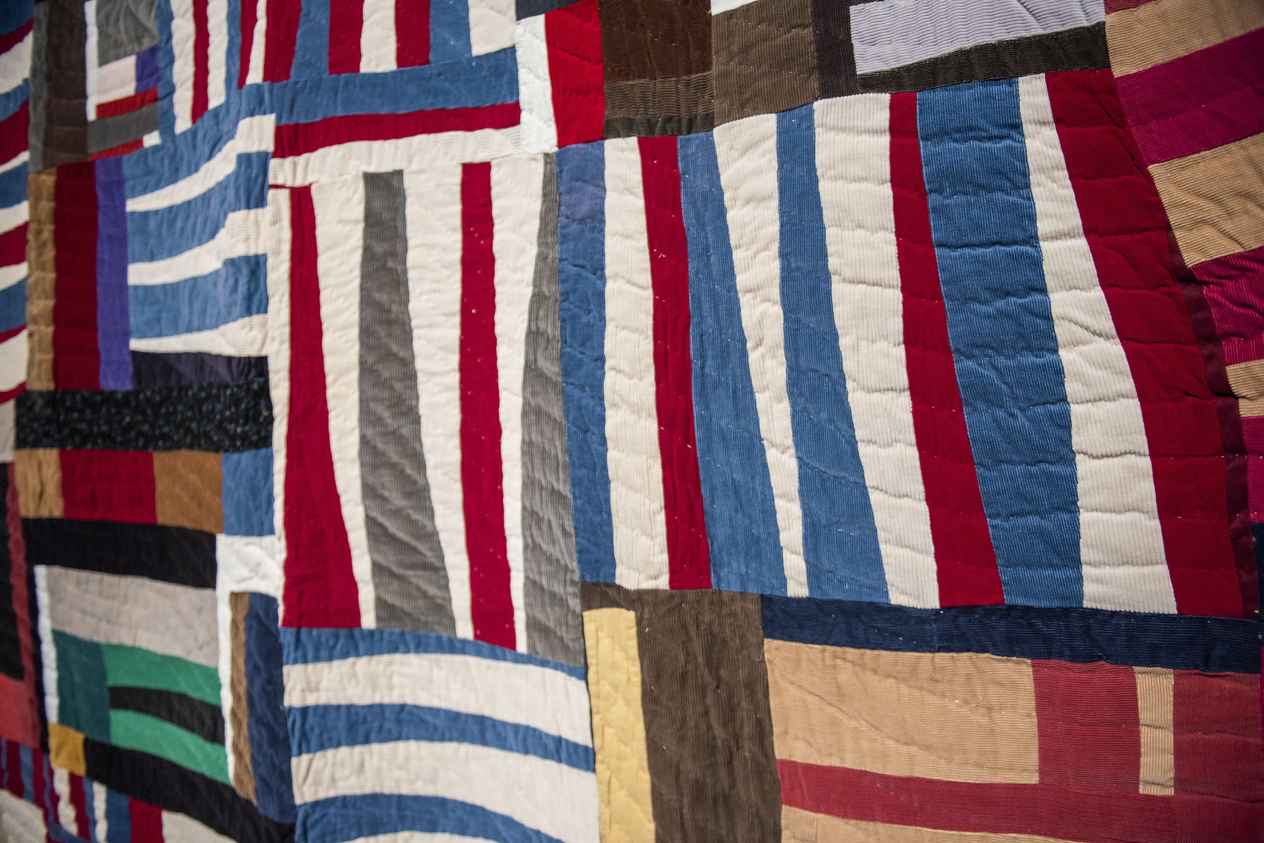   (detail):  Mary Lee Bendolph (American, b. 1935), Untitled (Strip Quilt), 2009, cotton, corduroy, velvet, Purchased with funds from the Reilly Initiative for Underrepresented Artists, LSUMOA 2021.10 