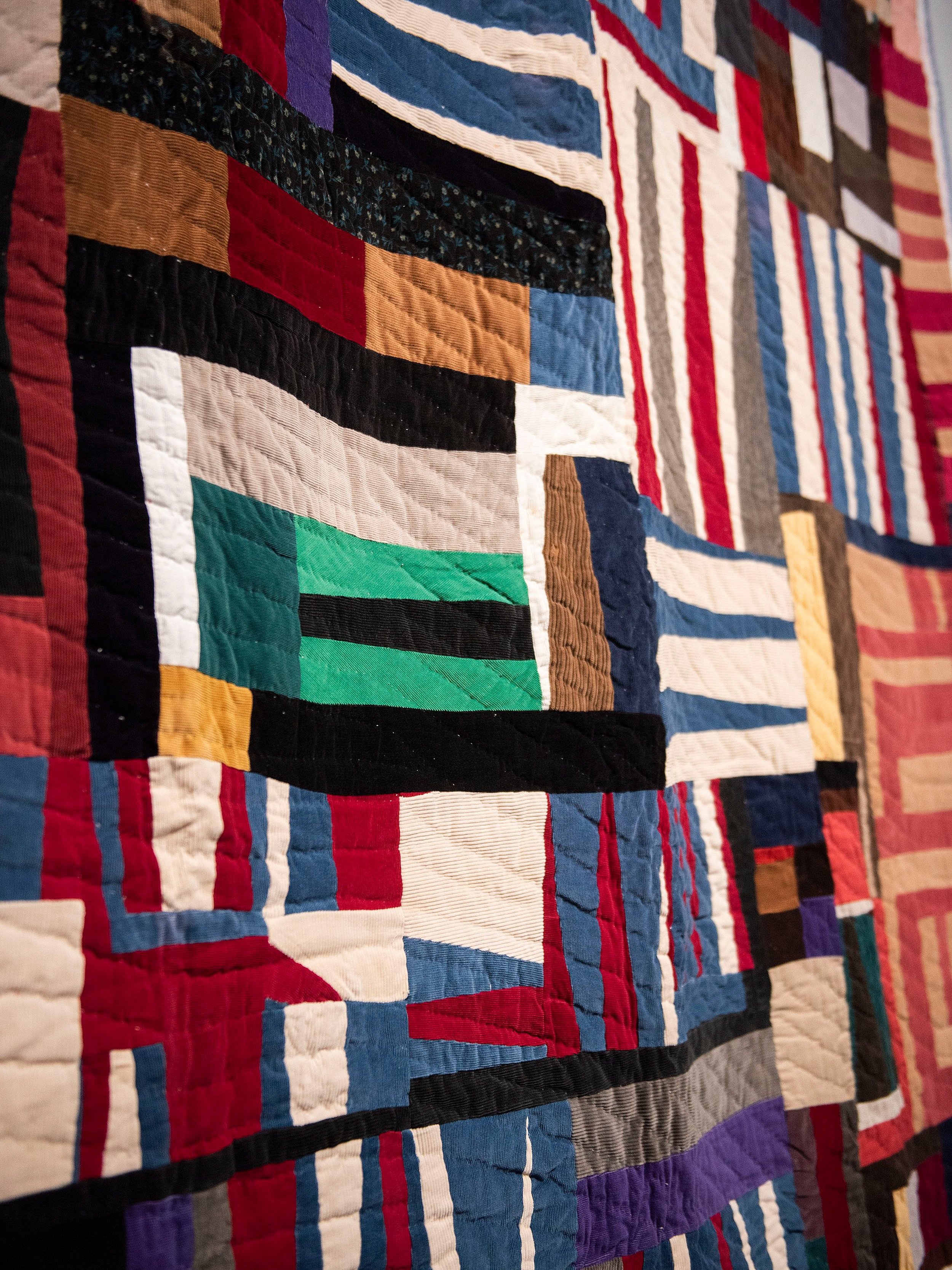   (detail):  Mary Lee Bendolph (American, b. 1935), Untitled (Strip Quilt), 2009, cotton, corduroy, velvet, Purchased with funds from the Reilly Initiative for Underrepresented Artists, LSUMOA 2021.10 