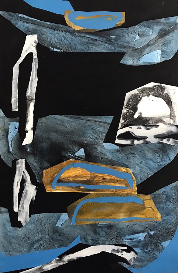  Nancy Manter,  Remember to Turn . . .  , 2017, Flashe paint and charcoal collage on Yupo paper. Courtesy of the artist. 