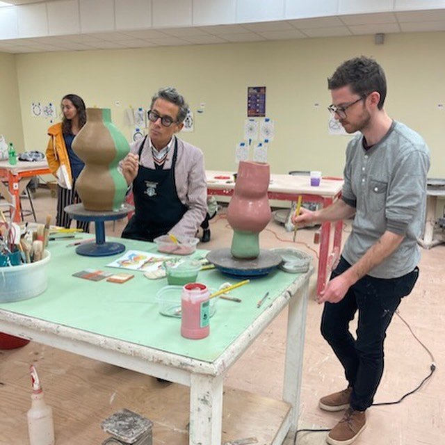   Using Darre's sketch, these asymmetrical works were produced by the LSU Ceramics Department (forms were produced by LSU Ceramics MFA grad student Matt Jones and LSU Ceramics Professor Michaelene Walsh) and then Vincent Darré added slip drawings to 