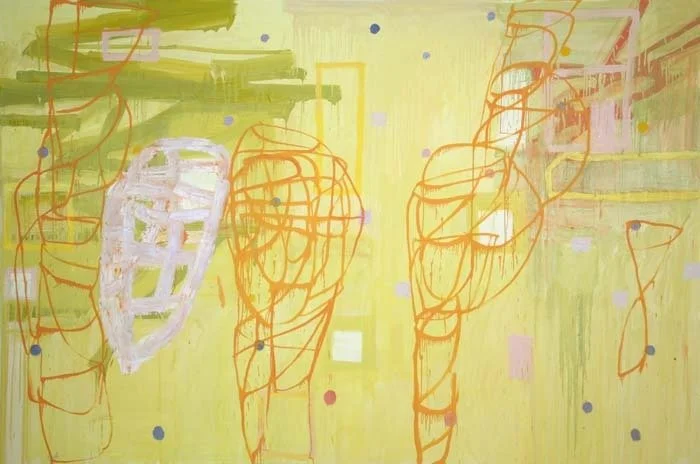 Abstract painting with a yellow-green background featuring loosely sketched orange linear forms resembling figures or structures, layered with soft washes, white shapes, and scattered colored dots. Painting by Margaret Evangeline.