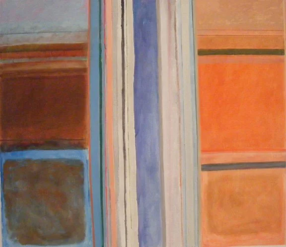 an abstract painting with vertical bands of muted orange, blue, and gray.