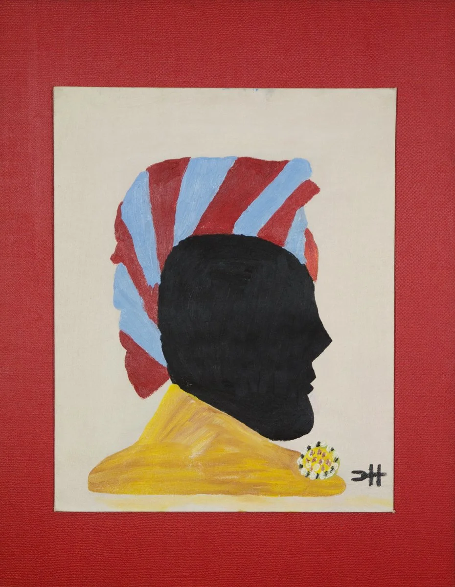 Painting by Clementine Hunter showing a side-profile silhouette of a woman in black, wearing a red and blue striped headwrap and yellow garment against a light background. This work is titled Woman in Profile.