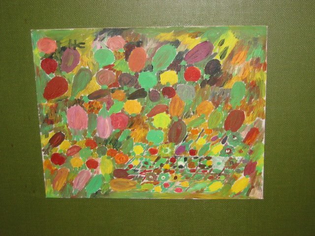 Painting by Clementine Hunter depicting fruits and vegetables as colorful, loosely applied shapes in reds, greens, yellows, and pinks across a textured surface.