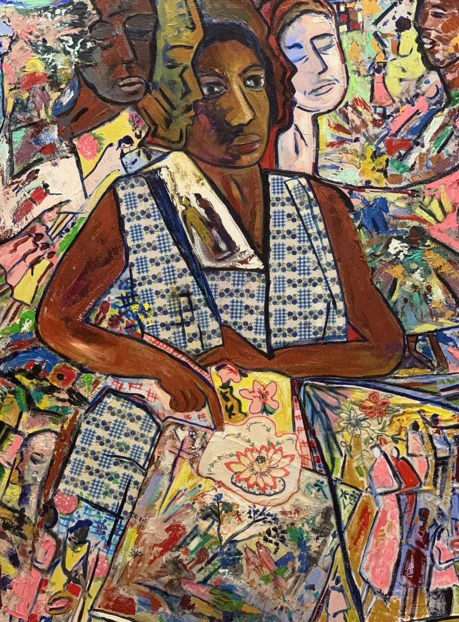 Colorful mixed-media painting by Malaika Favorite depicting a seated woman with folded arms, surrounded by layered figures, patterns, and expressive brushwork in vibrant hues.