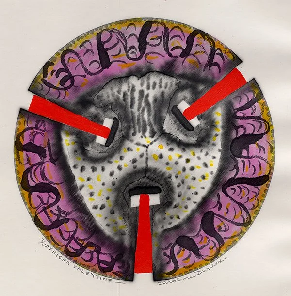 Circular print with a face-like design, showing a central nose and mouth with a red vertical element, surrounded by purple, gray, and yellow patterned forms. African Valentine by Caroline Durieux.