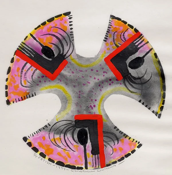 Circular abstract print with four curved sections forming a cross-like shape, featuring black linework, pink and yellow washes, and bold red accents resembling stylized eyes or masks. Fetish by Caroline Durieux.