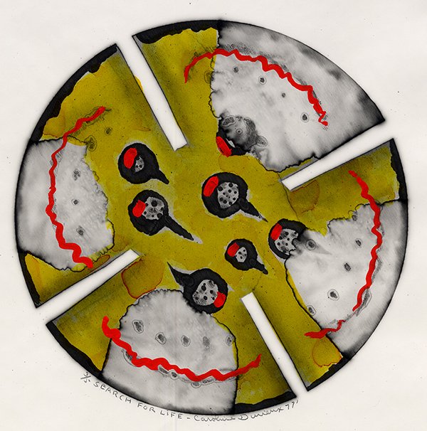 Circular print divided into four segments with a yellow cross shape, dotted forms, and red wavy lines, creating a symmetrical, abstract composition. Search for Life by Caroline Durieux.