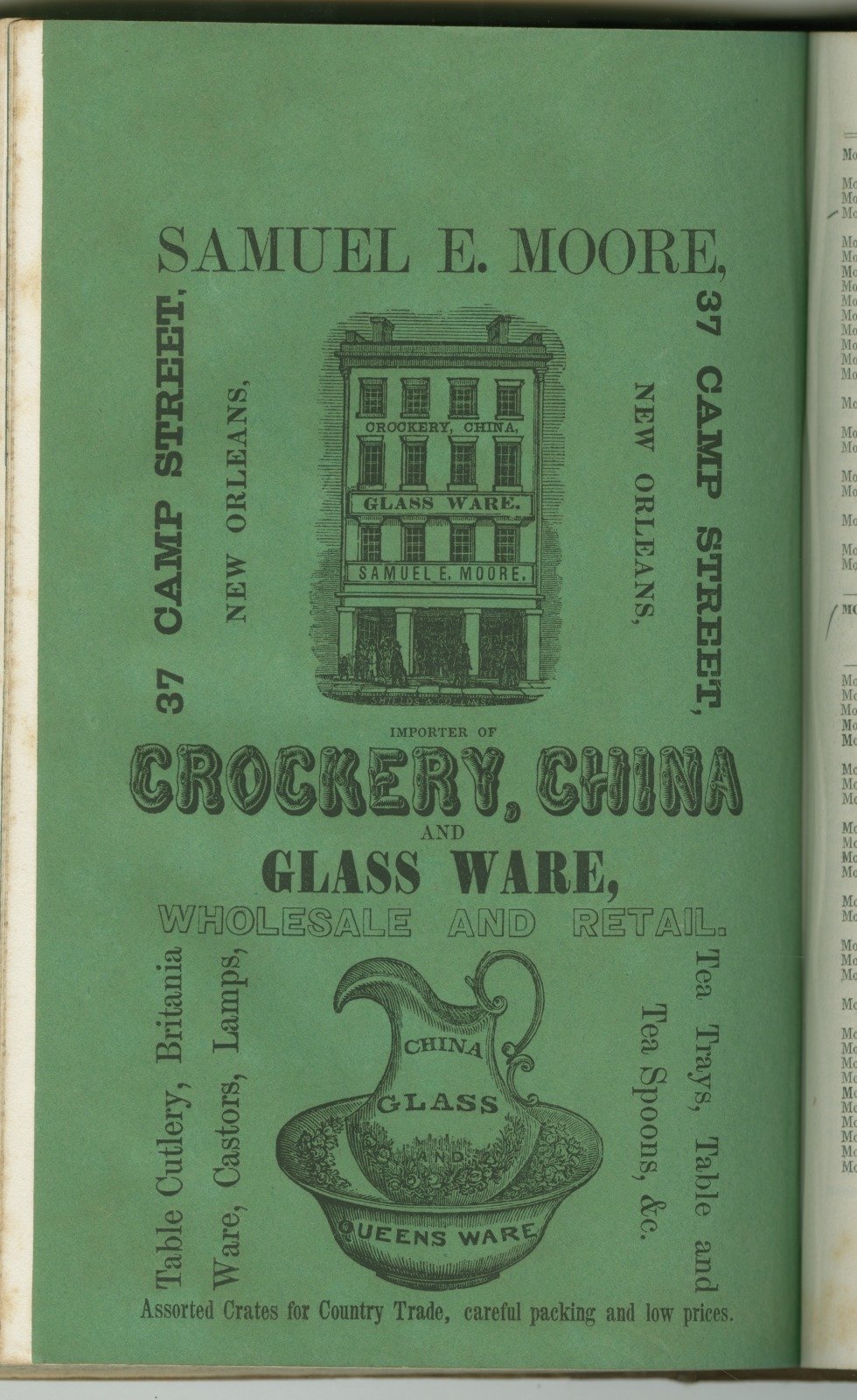   Samuel E. Moore Crockery Ad   Cohen’s New Orleans Directory  New Orleans: D. Davies &amp; Son, 1852  The Historic New Orleans Collection, Gift of Mr. Boyd Cruise and Mr. Harold Schilke, 57-38-L.3  