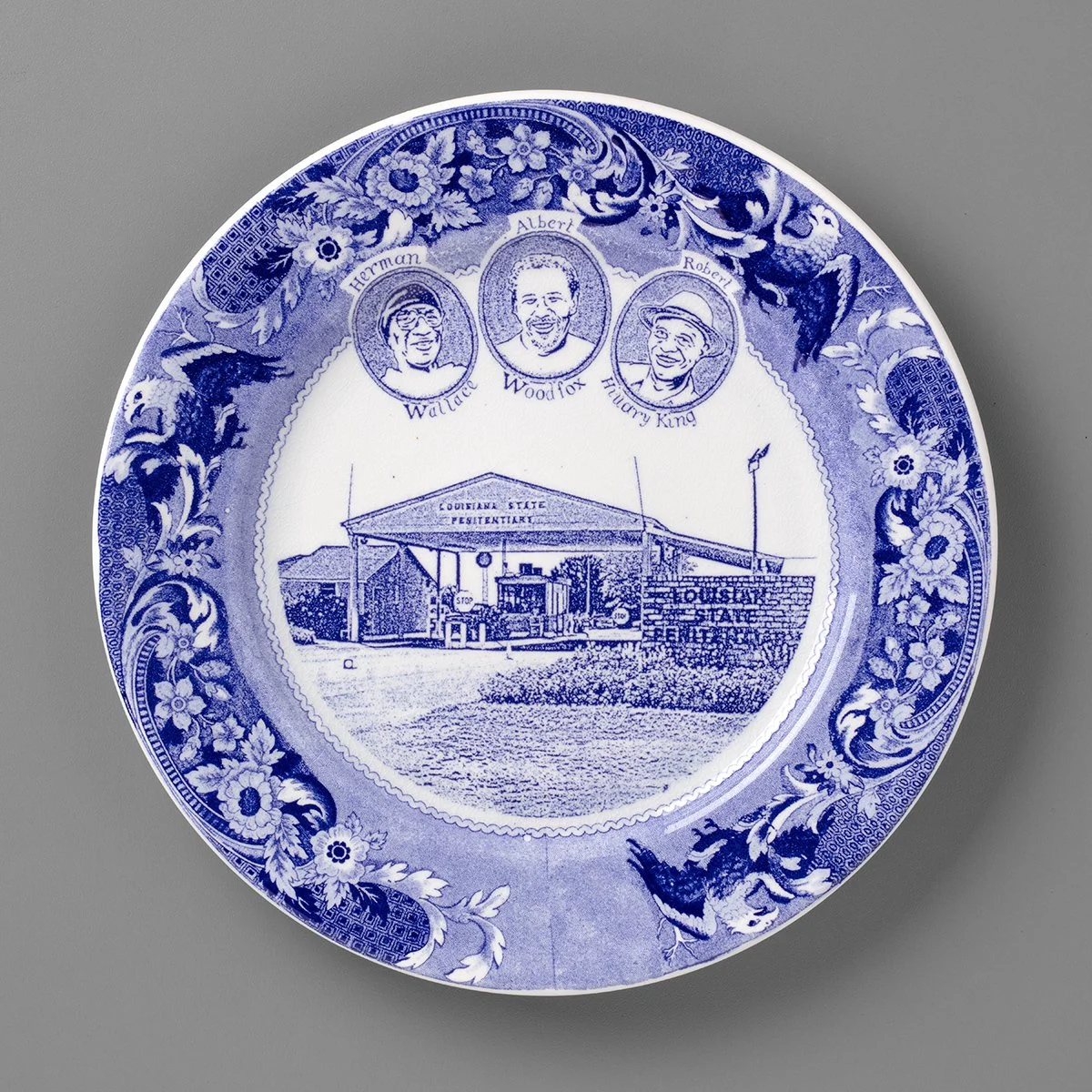 Paul Scott, Cumbrian Blue(s) New American Scenery, Angola 3, No. 2, 2019. In-glaze screen print (decal) on salvaged Syracuse China with pearlware glaze. Courtesy of Ferrin Contemporary