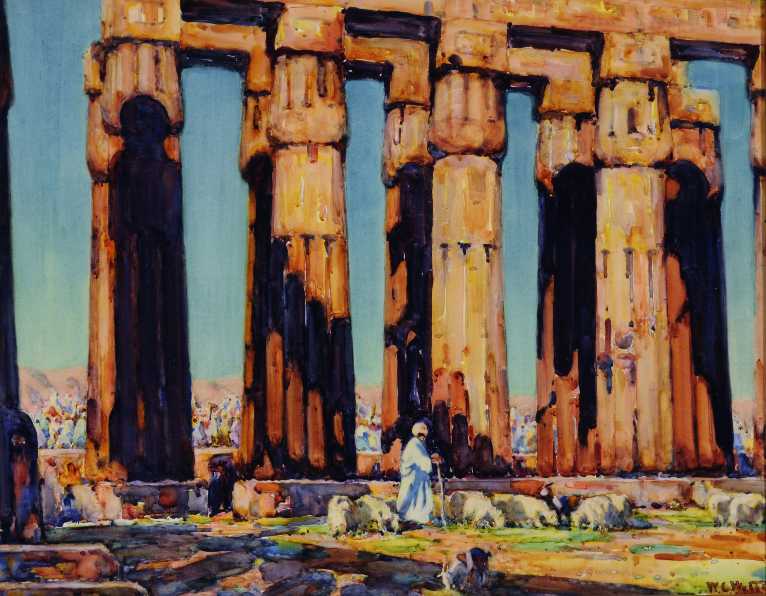  William Clothier Watts,  Grazing Sheep, Temple of Luxor, Egypt , c. 1915, Watercolor on paper. The Jean and Graham Devoe Williford Charitable Trust. 