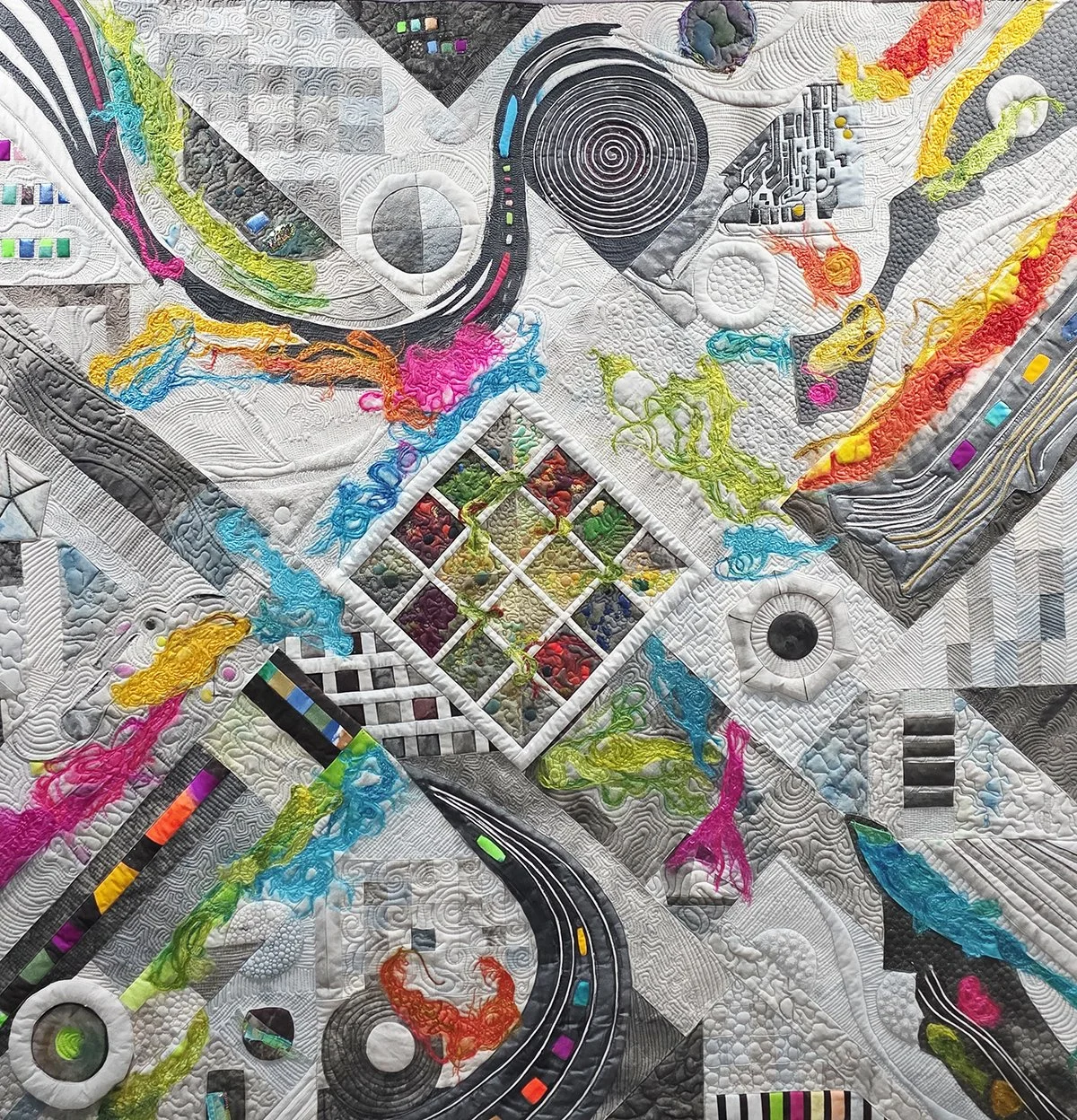  Marisa Marquez,  Stitched Syntax , 2025. Cotton fabric, blend batting, fabric paint, polyester thread, silk and wool fiber, Angelina. 