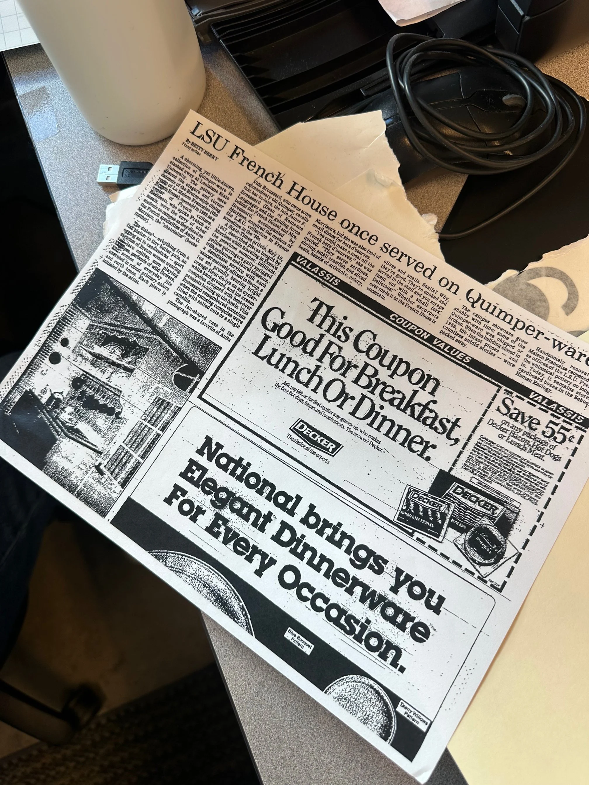  Newspaper article about how Quimper Pottery was once used at the LSU French House.  