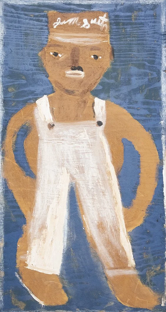 Jimmy Lee Sudduth, Untitled (self-portrait), Fayetteville, Alabama, n.d., mud, paint, and handcrafted pigments on plywood, 50 1/4 x 27 in., Collection of the American Folk Art Museum,