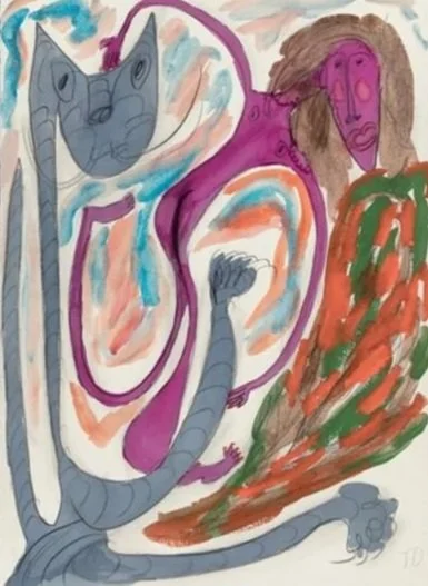  Thornton Dial,  Lady Running from a Long Neck Tiger , 1990. Watercolor on paper. Gift of Winifred and Kevin P. Reilly.&nbsp; 