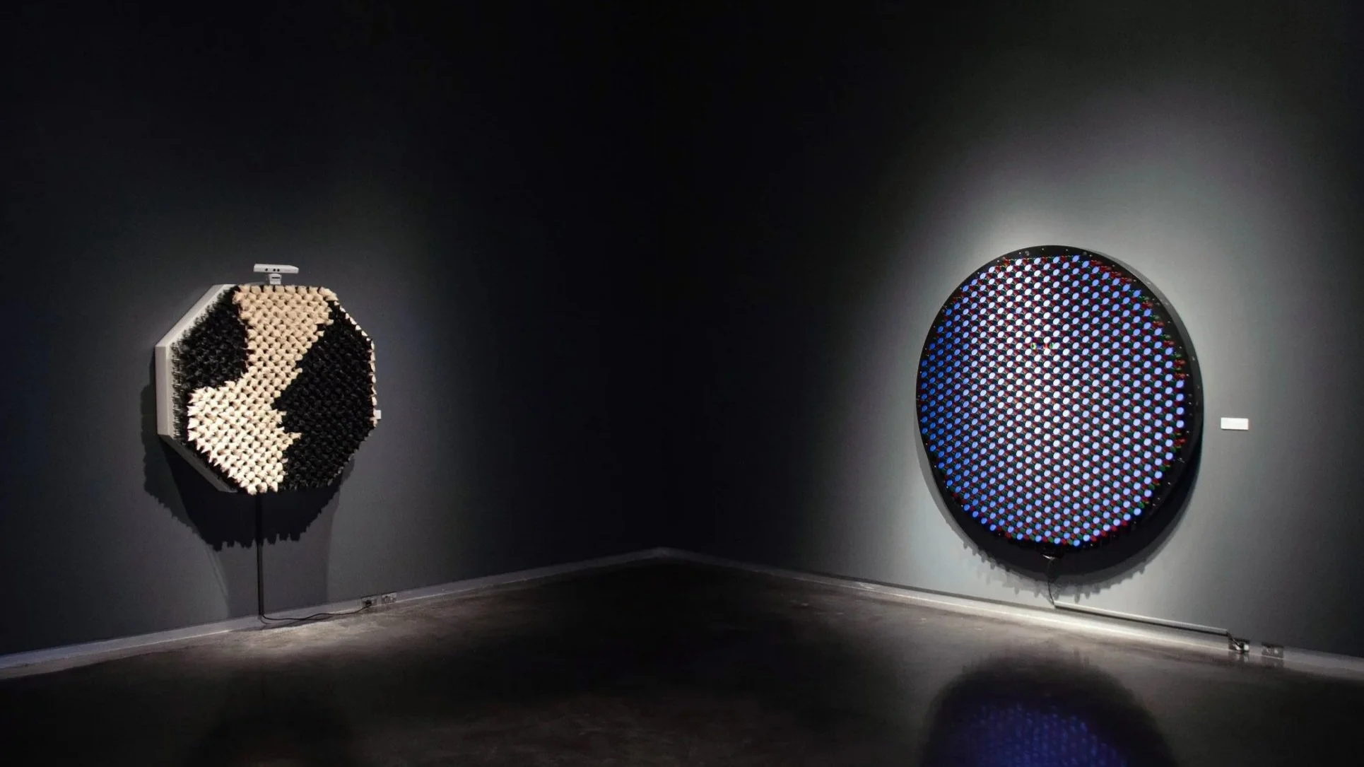 Gallery corner with two circular wall-mounted artworks: one composed of light and dark textured elements and the other featuring a grid of colored lights by artist Daniel Rozin.