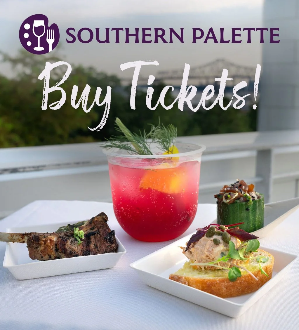 Southern Palette Buy Tickets! Image of a cocktail and plates of food on the rooftop overlooking the Mississippi Bridge in Baton Rouge, LA