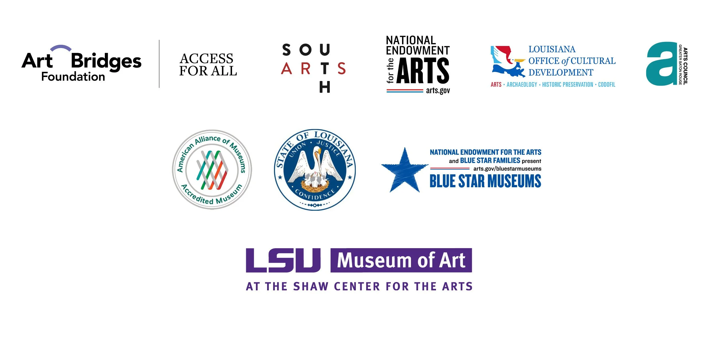 Logos include Art Bridges Foundation, Access for All, South Arts, NEA, Louisiana Office of Cultural Development, AAM Accredited Museum, State of Louisiana, Blue Star Museums, Arts Council, and LSU Museum of Art.