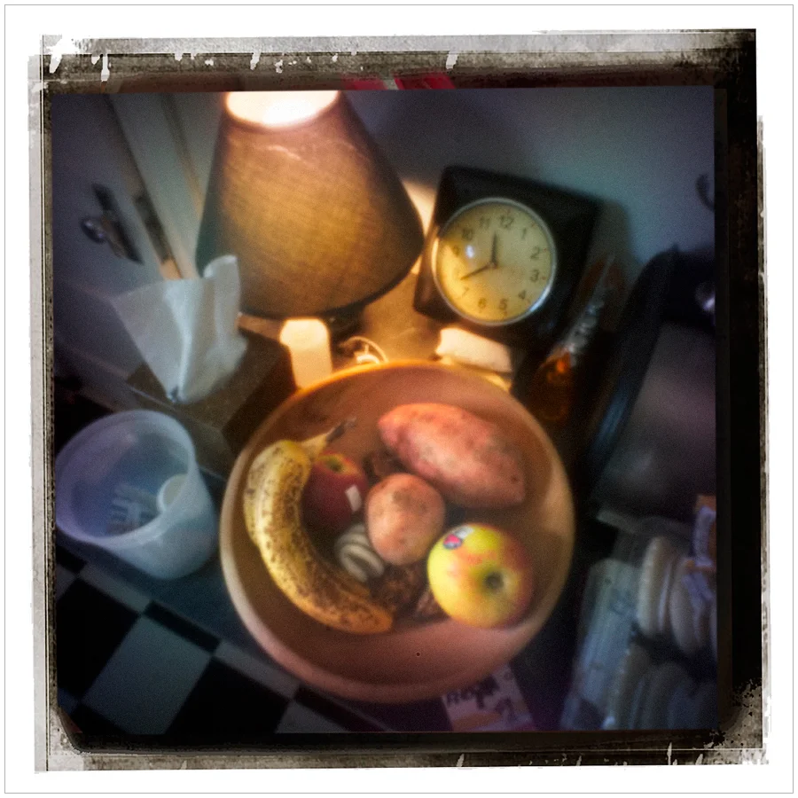 fruit, root veggies and might bulb in wooden bowl ~ Au Sable Forks, NY - in the Adirondack PARK
