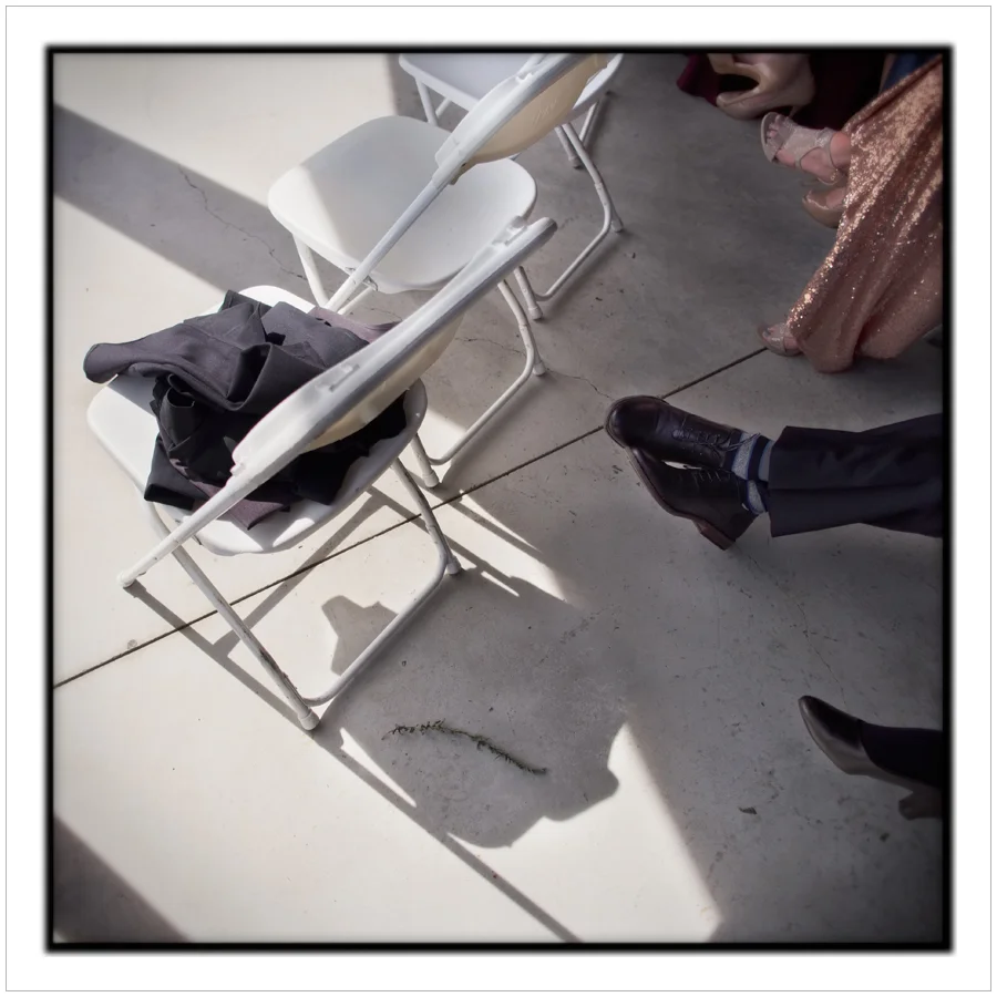 sunlight, chairs, feet ~ wedding in New Jersey (embiggenable)