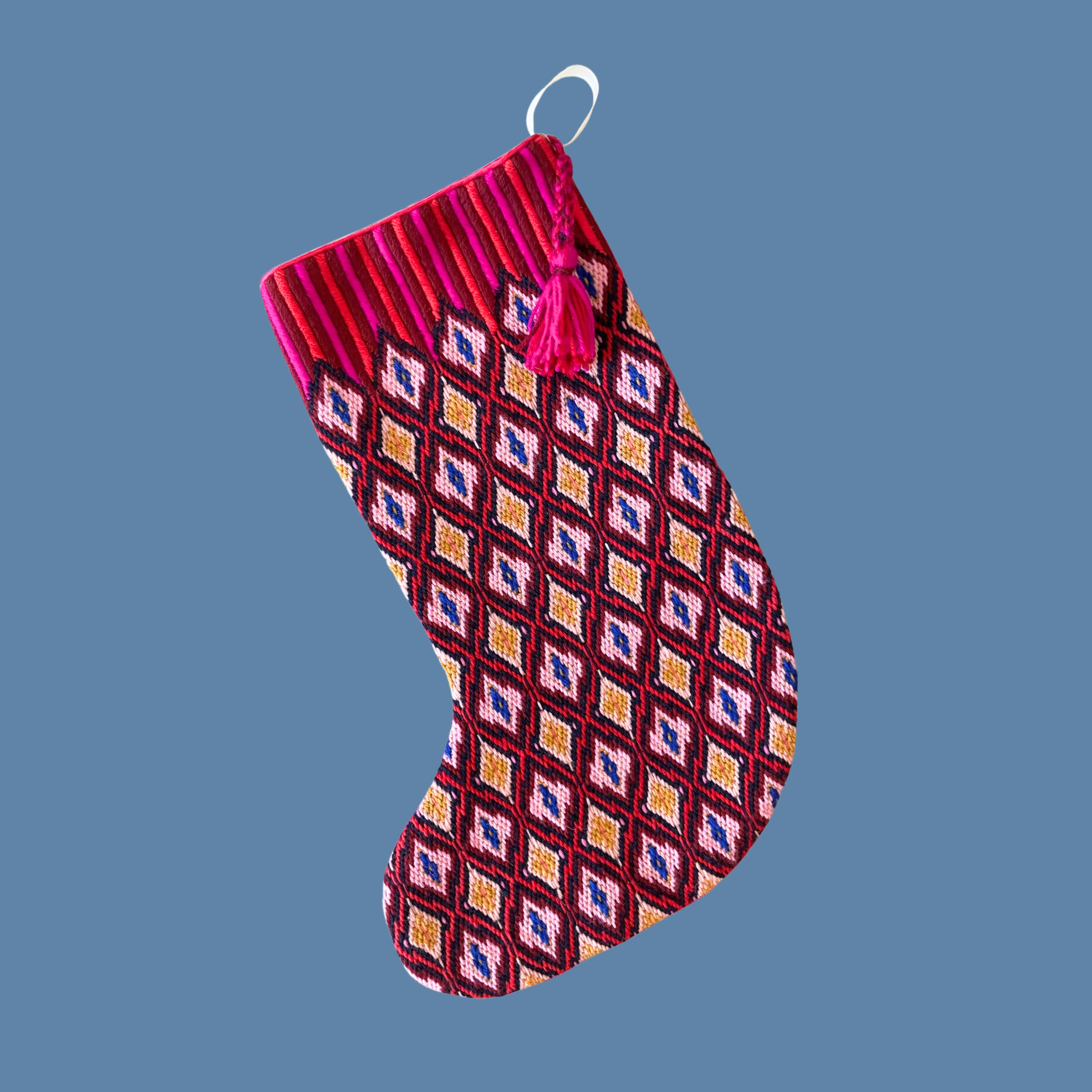 Copyright Stephanie Little O Clothing NYC, Pomegranate Bargello Stocking Needlepoint Kit, Tapestry Kit, designed by Stephanie Oshva of Little O clothing NYC