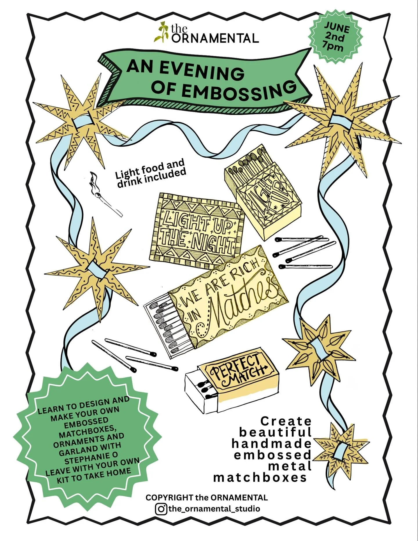 Join me for an evening of creativity and conversation with the wonderful Downtown Arts Club on June 2nd at 7pm- we will learn the art of metal embossing and will make custom matchboxes, and food/drinks will be served.
Follow the link in my stories fo