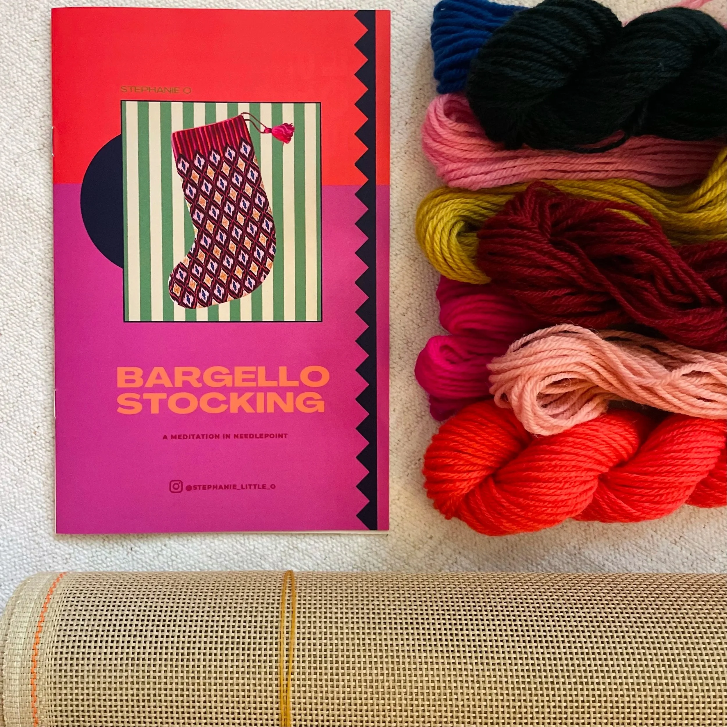Copyright Stephanie Little O Clothing NYC, Pomegranate Bargello Stocking Needlepoint Kit, Tapestry Kit, designed by Stephanie Oshva of Little O clothing NYC