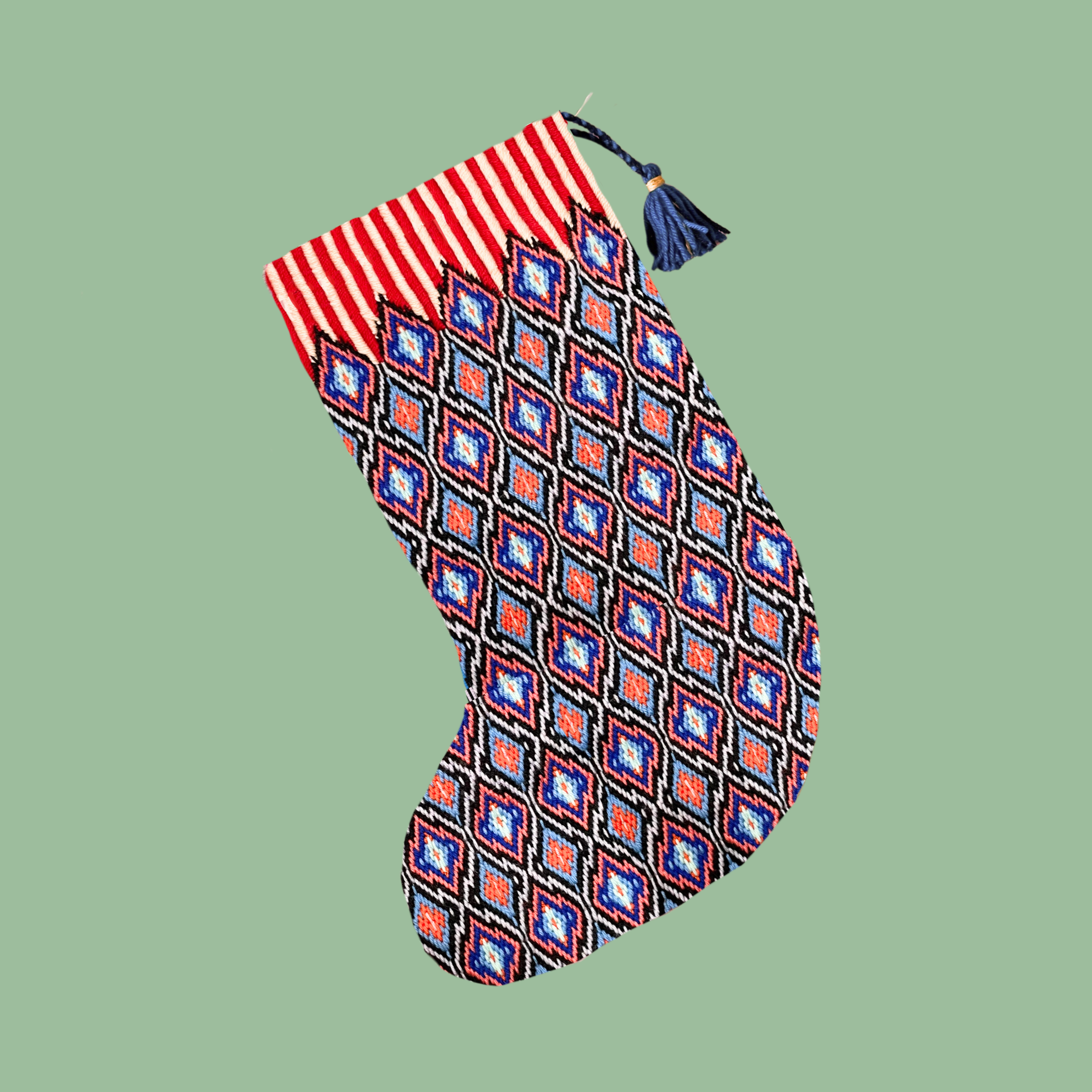 Copyright Stephanie Little O Clothing NYC, Candycane Bargello Stocking Needlepoint Kit, Tapestry Kit, designed by Stephanie Oshva of Little O clothing NYC