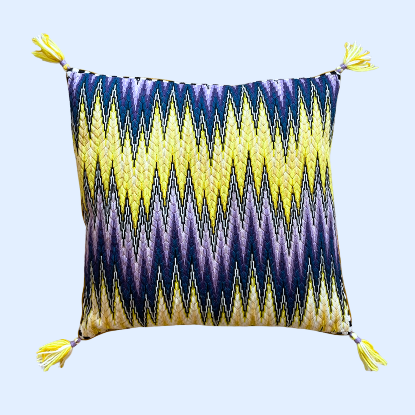 Square Bargello Pillow in Flame, Purple and Yellow by Stephanie Oshva, Little O Clothing NYC