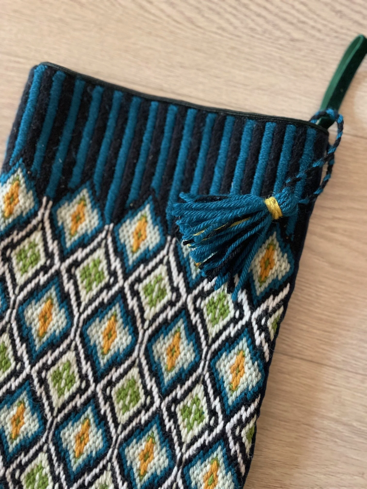 Copyright Stephanie Little O Clothing NYC, Peacock Bargello Stocking Needlepoint Kit, Tapestry Kit, designed by Stephanie Oshva of Little O clothing NYC