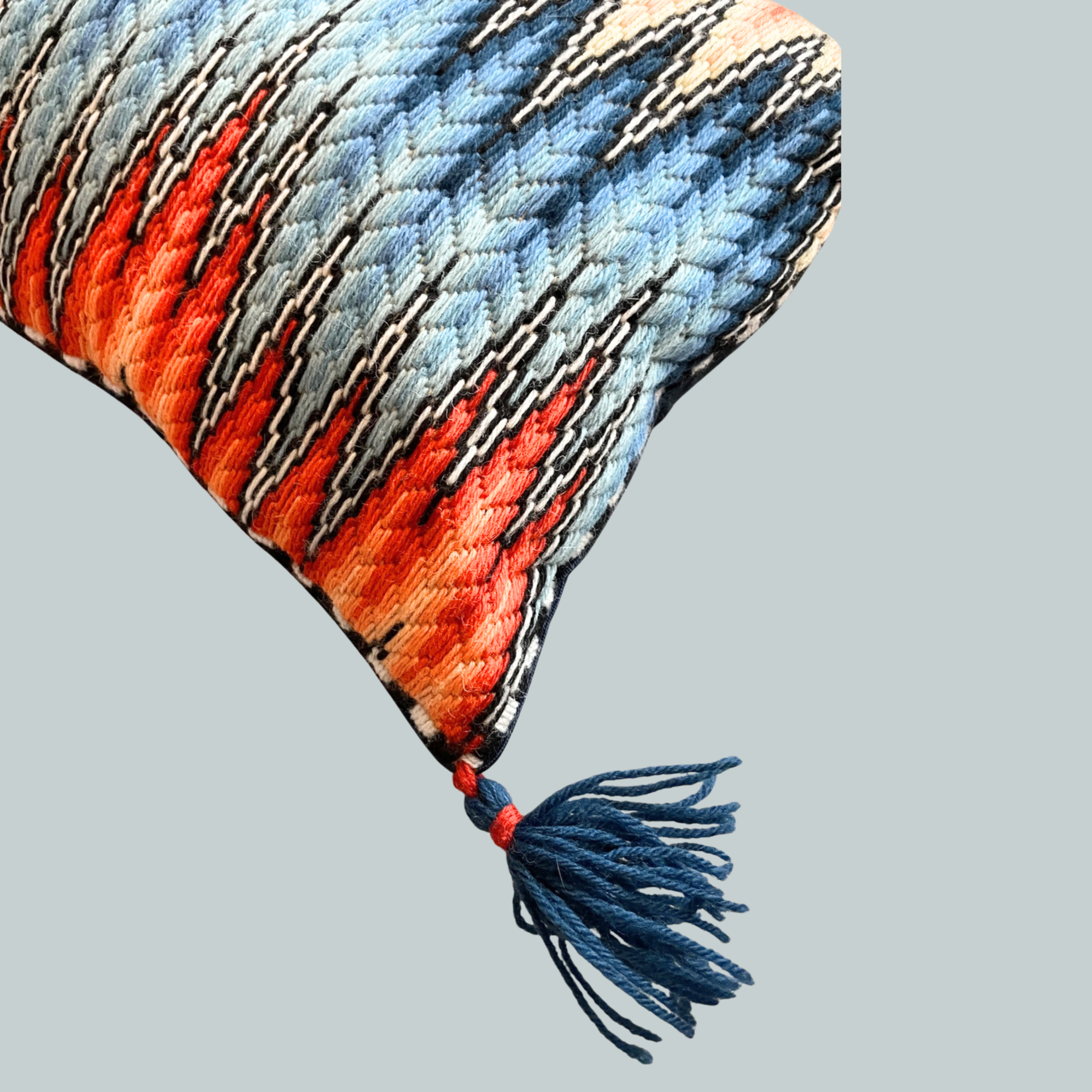 Bargello Flame Pillow in Orange and Peacock by Stephanie Oshva, Little O clothing NYC