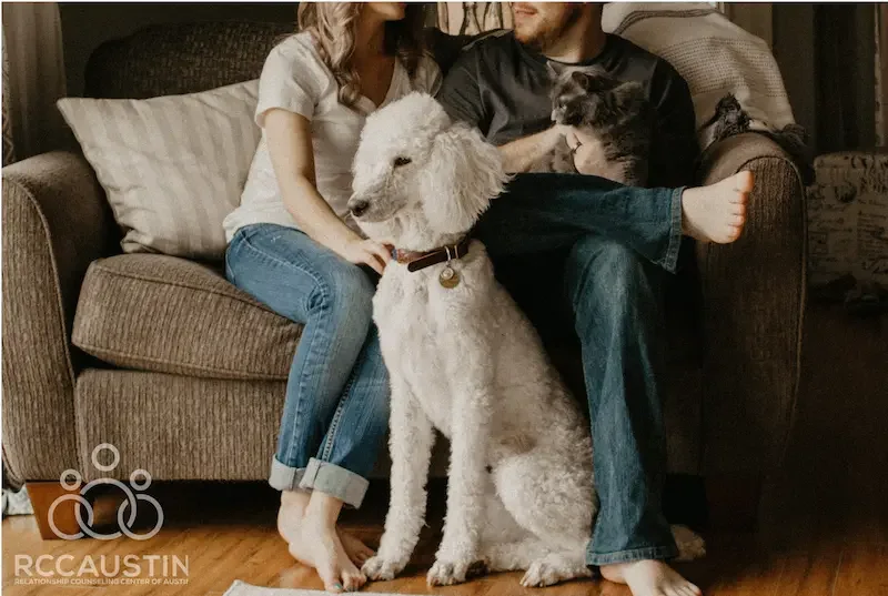 couple sitting on sofa with dog and cat