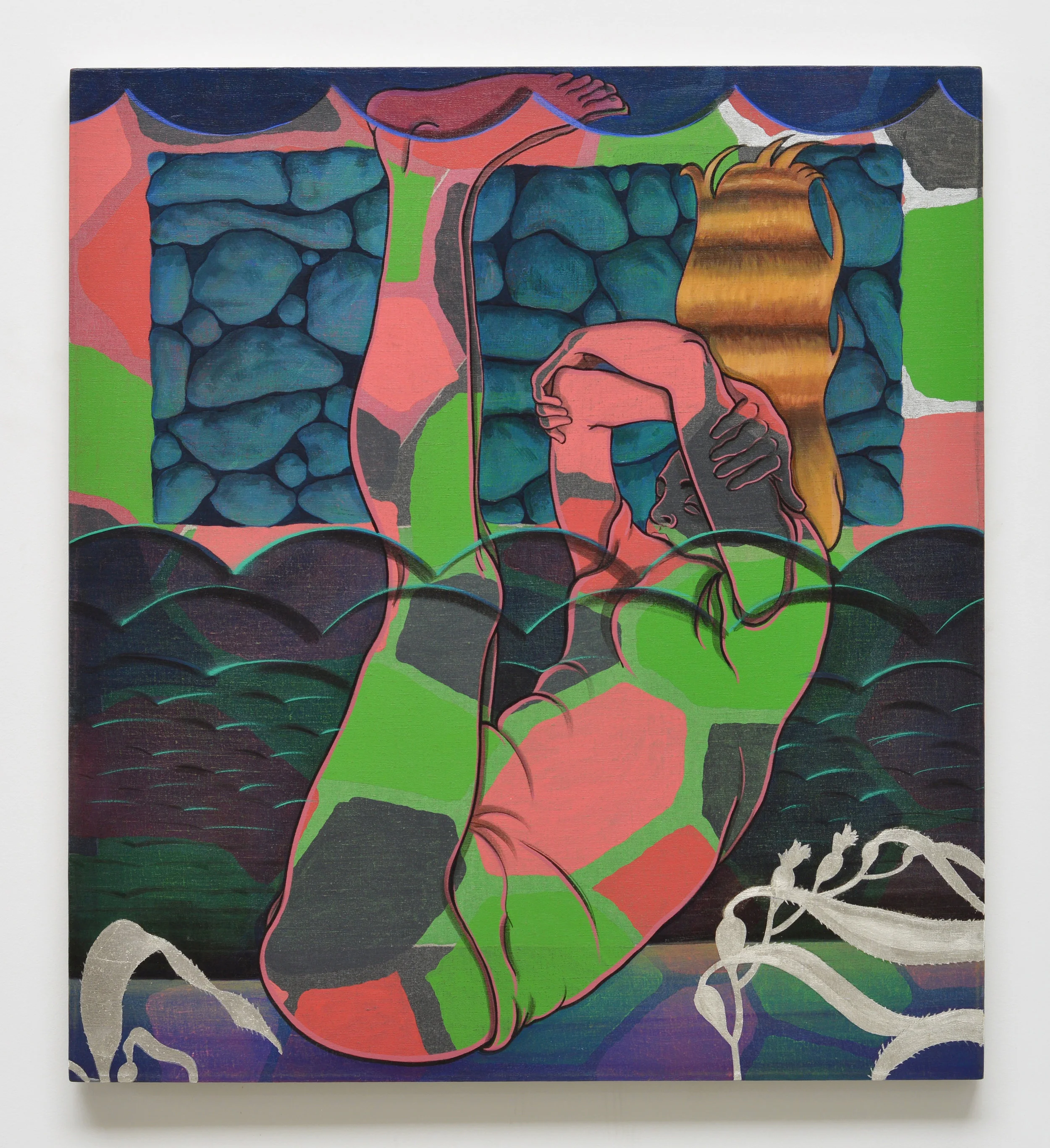 Adam de Boer Night Swimming no. 5 2015 wax-resist acrylic ink, oil paint, and silver leaf on linen 40 x 36 inches Link to Press Release