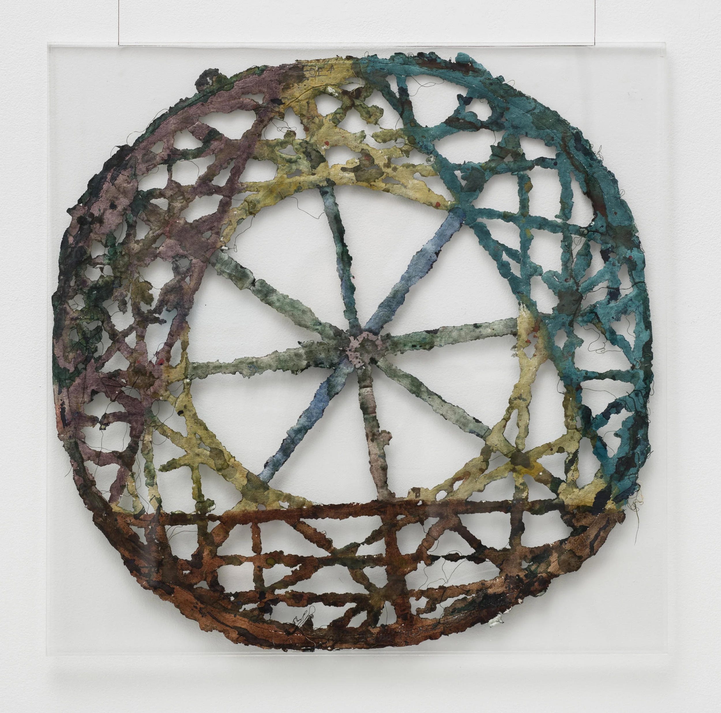 Alan Shields 'Pickle' c. 1984 Watercolor and stitching on cut canvas, two-sided 24 inches diameter Photo by Brian Forrest